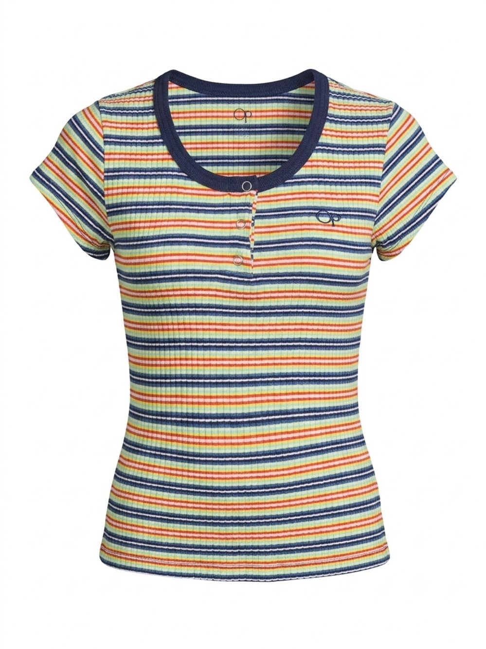 VTG 90s OP Ocean Pacific Rainbow Striped Ribbed Snap Henley Tee M Y2K Surf